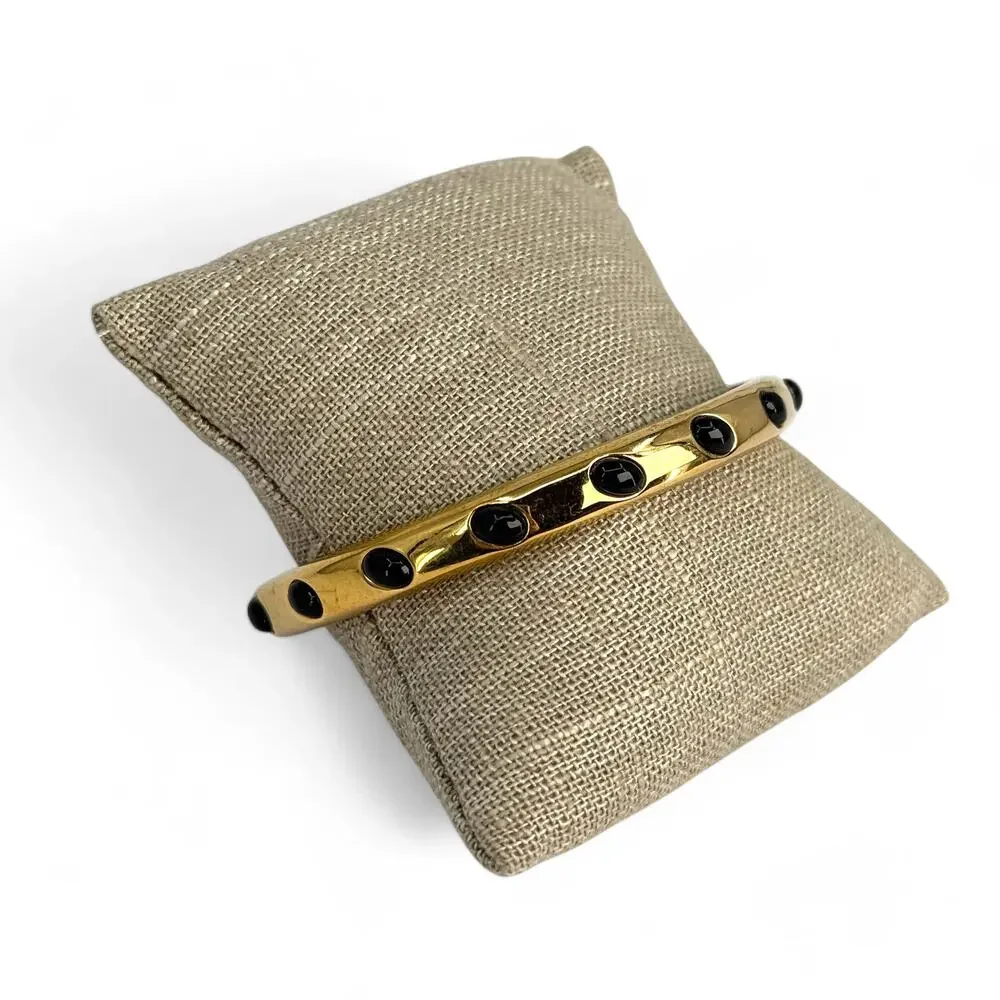 J Crew Bangle Bracelet Shiny Gold Tone with Black Raised Cabochons